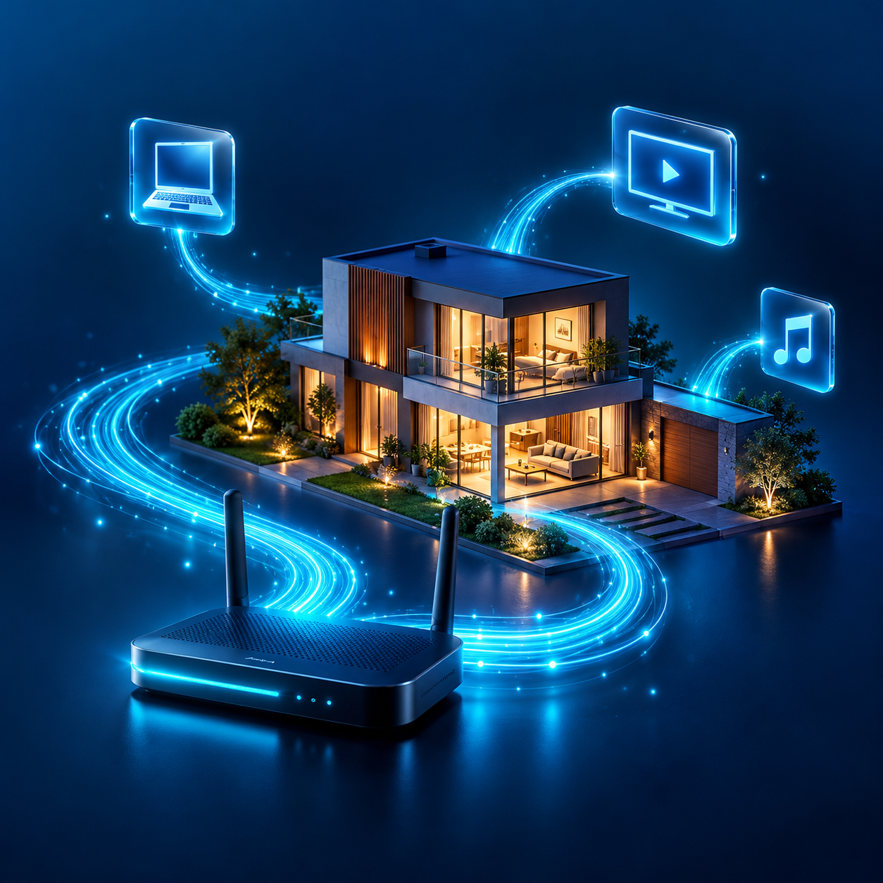 Ilustração de uma casa conectada por fibra óptica, com roteador e luzes azuis